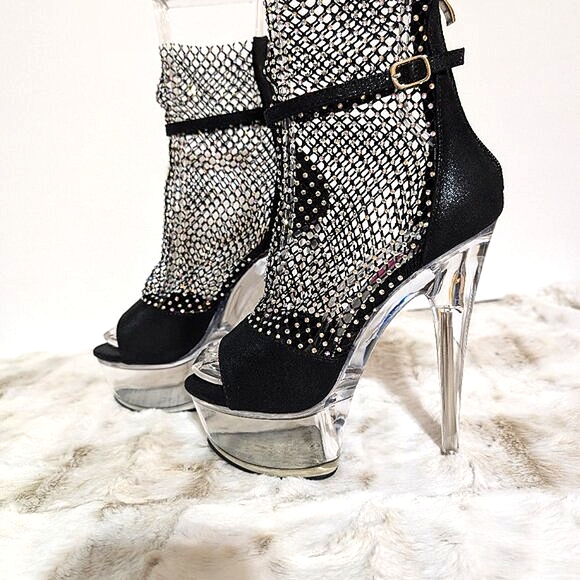 Golden Bulls Black Mesh Rhinestone Clear 6" Platform High Heels - Picture 5 of 10